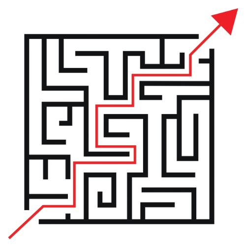 Maze with a red path leading from the bottom left to the top right.