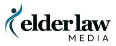 Elder Law Media logo with teal abstract figure and black text
