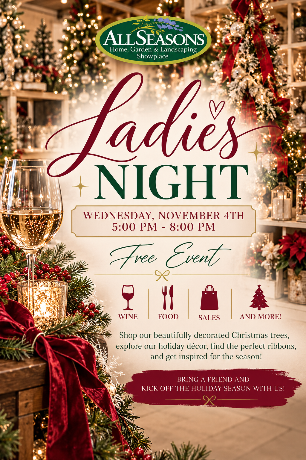 Ladies Night event flyer with wine, candles, sales, appetizers, and decor on Wednesday, Nov. 4, 5–8 PM