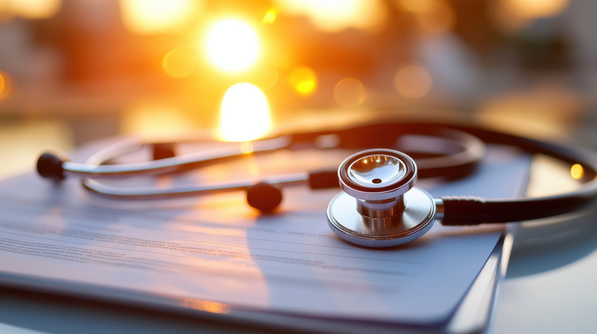 Golden light illuminates a stethoscope resting beside a document, focus on healing in the field.