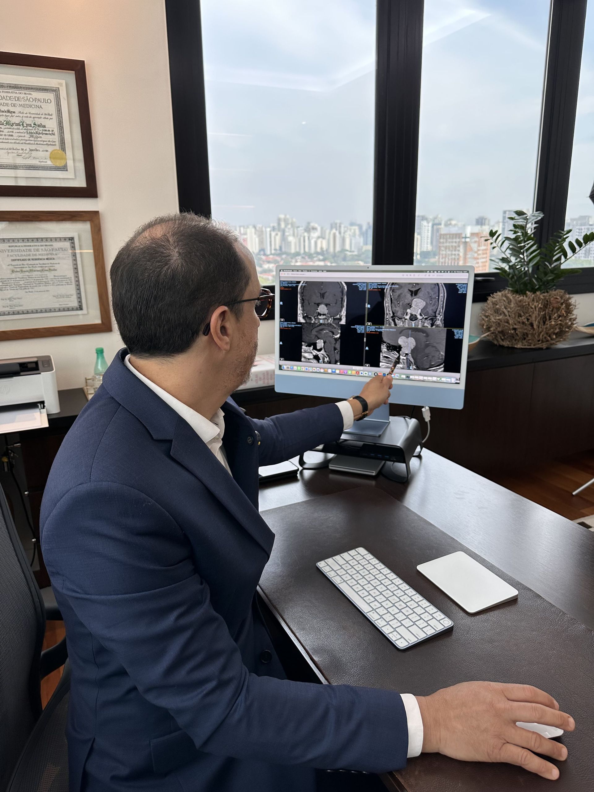 Médico apontando para uma imagem digitalizada na tela do computador em um consultório.