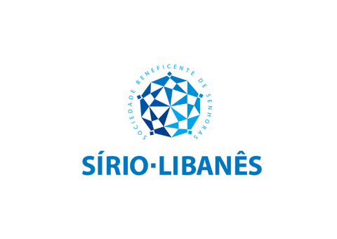 Logo of Sírio-Libanês hospital in blue. A geometric shape with text in Portuguese: "SOCIEDADE BENEFICENTE DE SENHORAS."