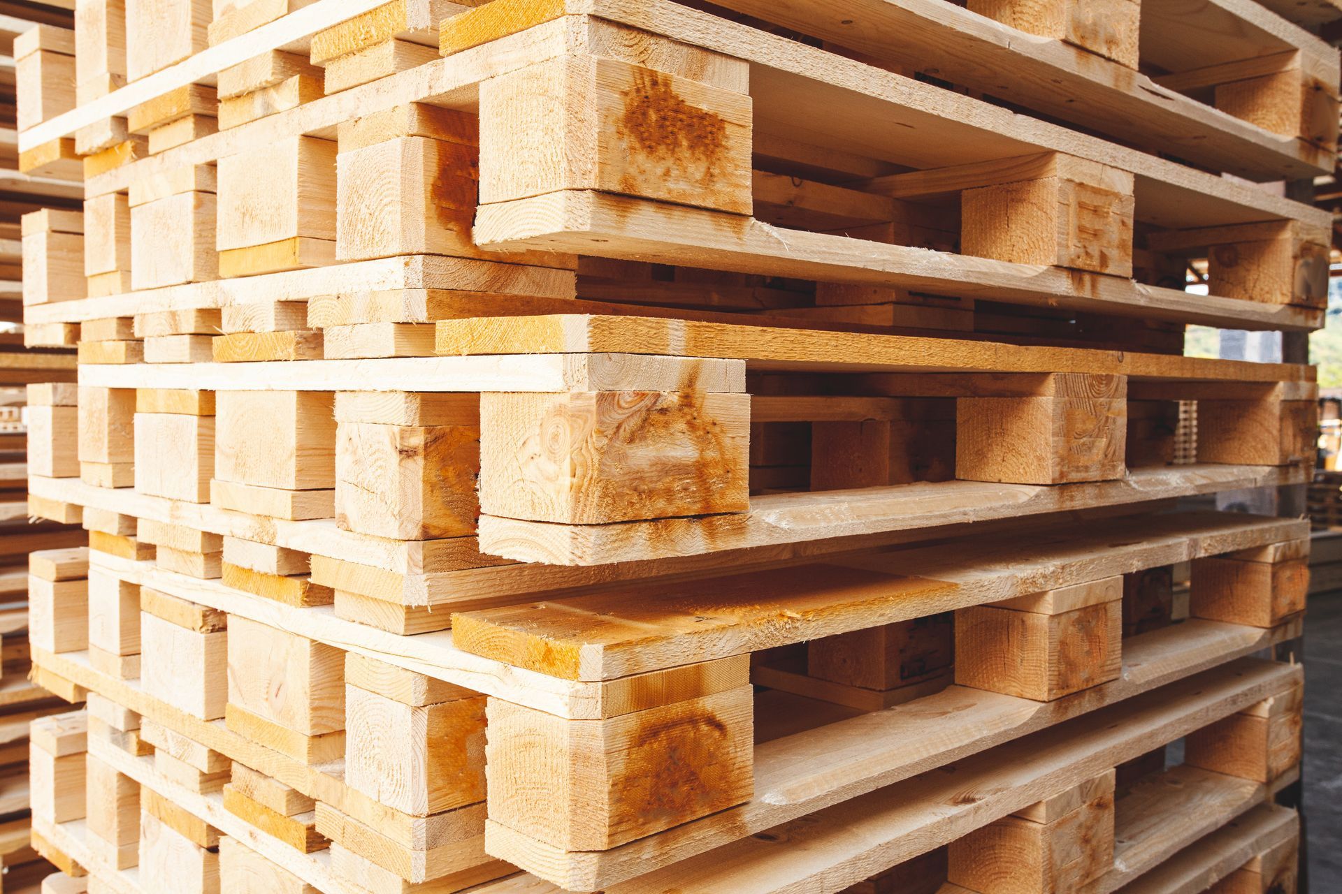 Wood pallets in a warehouse.
