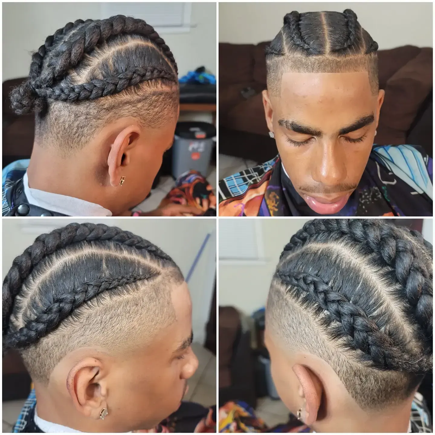 Collage showing braided cornrow hairstyle from multiple angles on a person with a fade haircut
