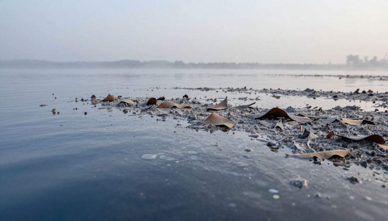 Rocky shoreline with scattered debris beside calm gray water under a hazy sky