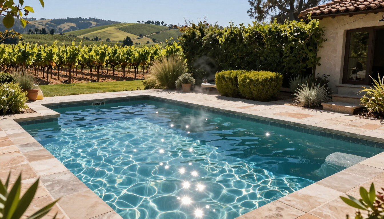 Napa Valley pool in summer heat with evaporation haze