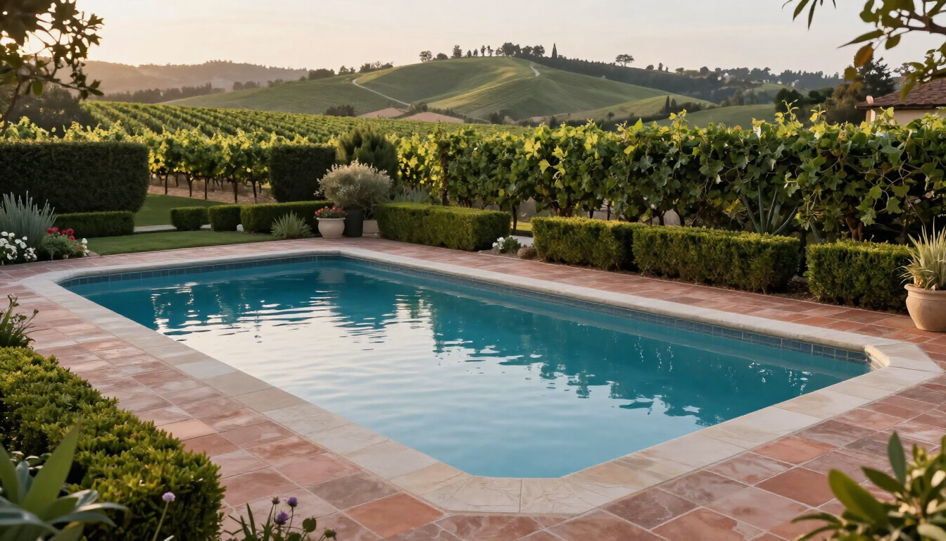 Residential pool in Yountville garden setting with vineyard hills