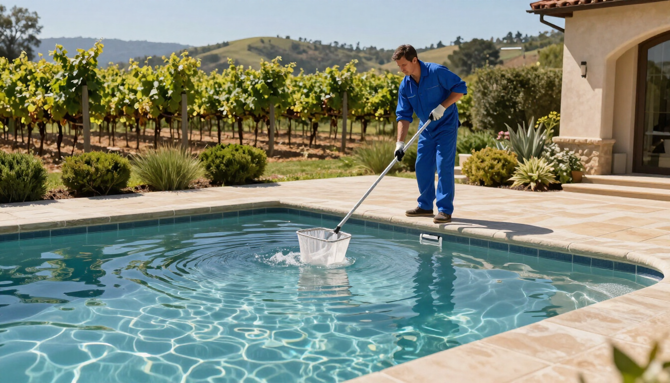 Pool technician skimming a residential pool in Napa Valley