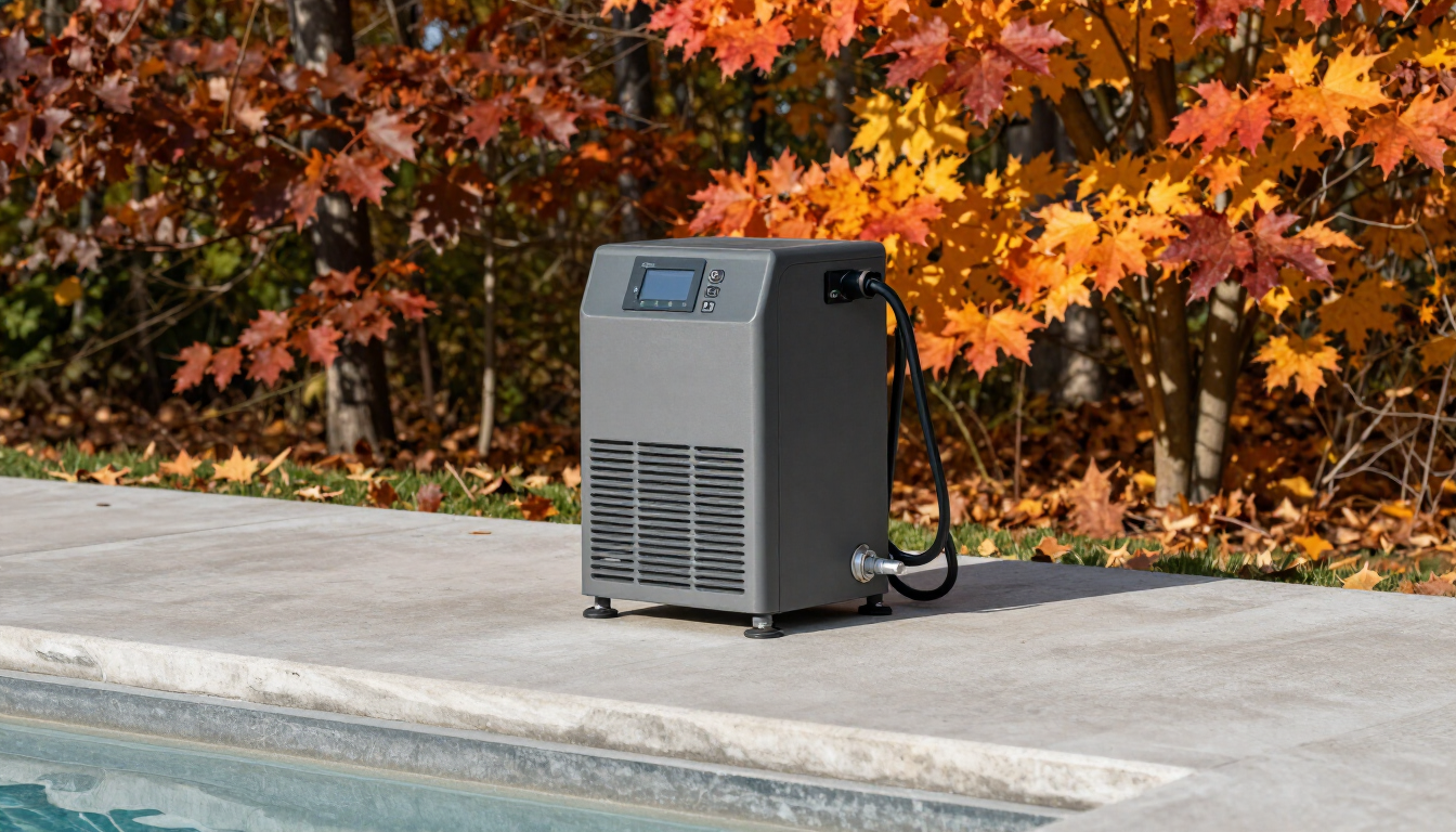 Pool heater on concrete equipment pad with fall foliage