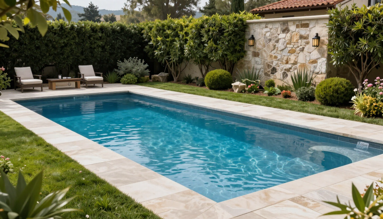 Unoccupied Napa Valley residential pool with manicured landscaping
