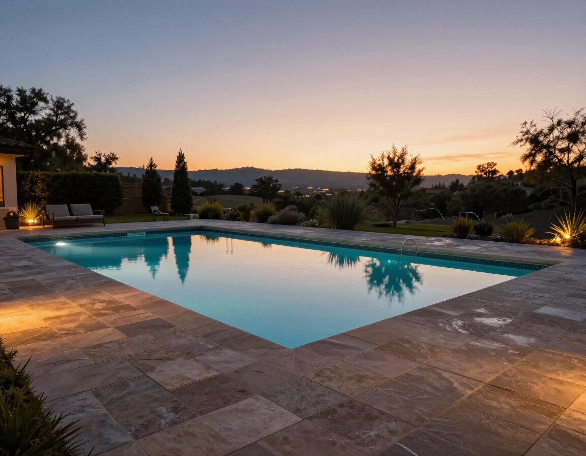 Napa Valley pool with paver deck and LED lighting at dusk