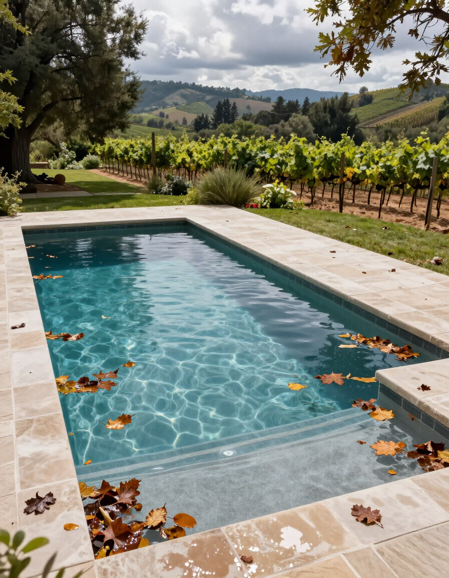 Pool with post-storm debris on surface and steps