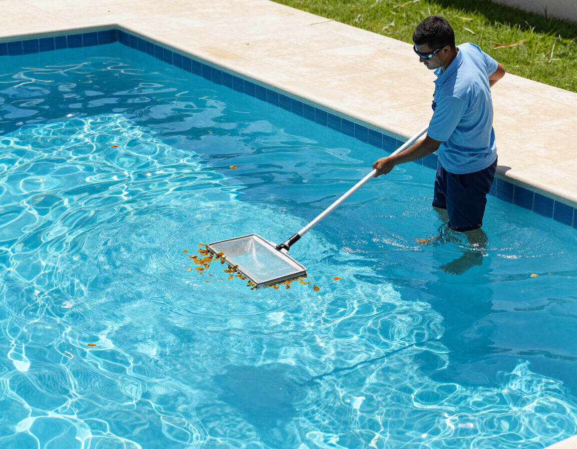 Pool technician skimming the surface of a clean residential pool
