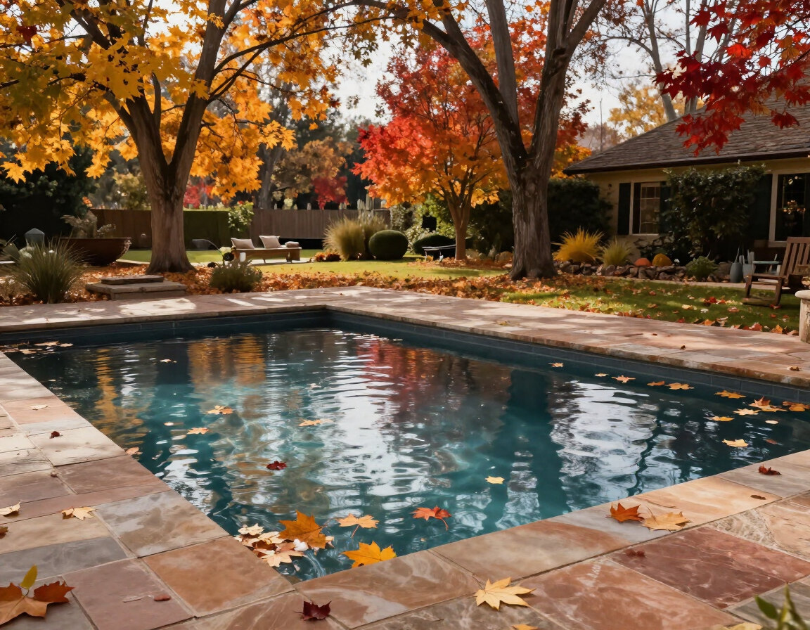 Autumn leaves and debris floating on a pool surface in a Napa Valley backyard