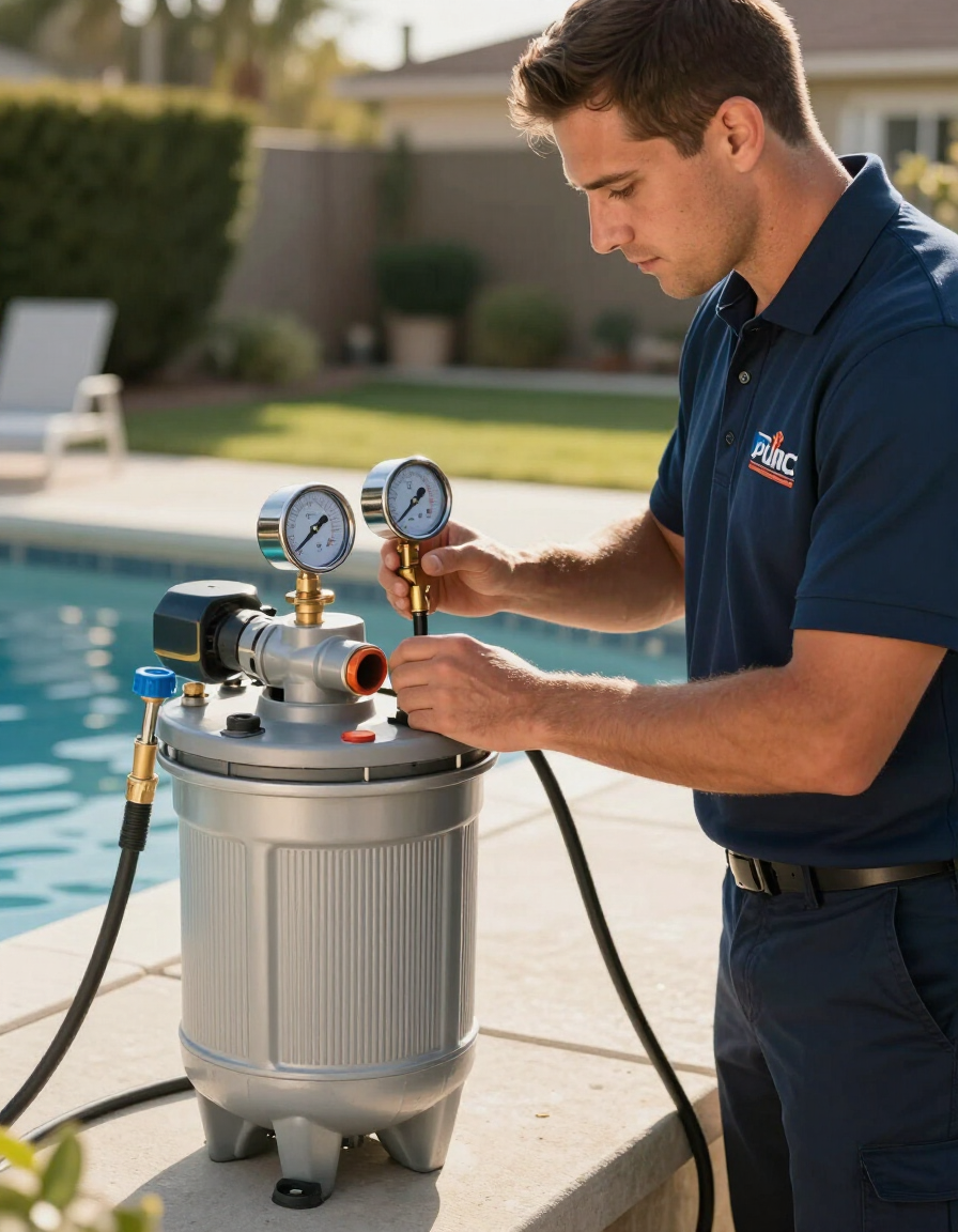 Pool technician performing equipment check at residential pool