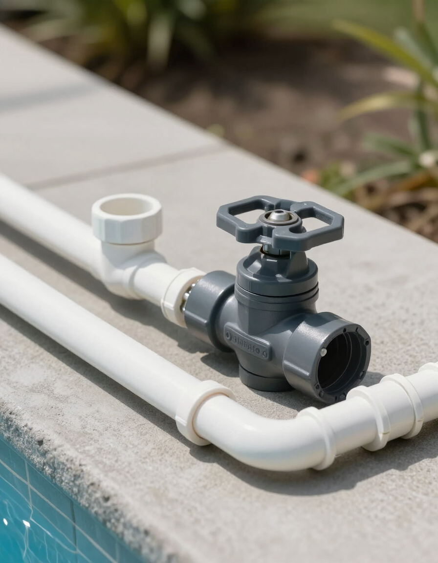 Pool plumbing equipment pad with PVC pipes and union fittings