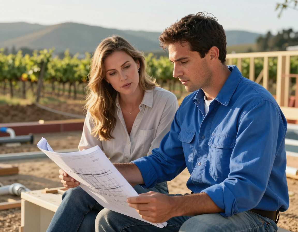 Pool technician reviewing construction plans with a homeowner at a Napa Valley residential property