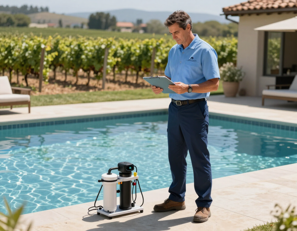 Pool technician conducting initial pool evaluation at a Napa Valley property