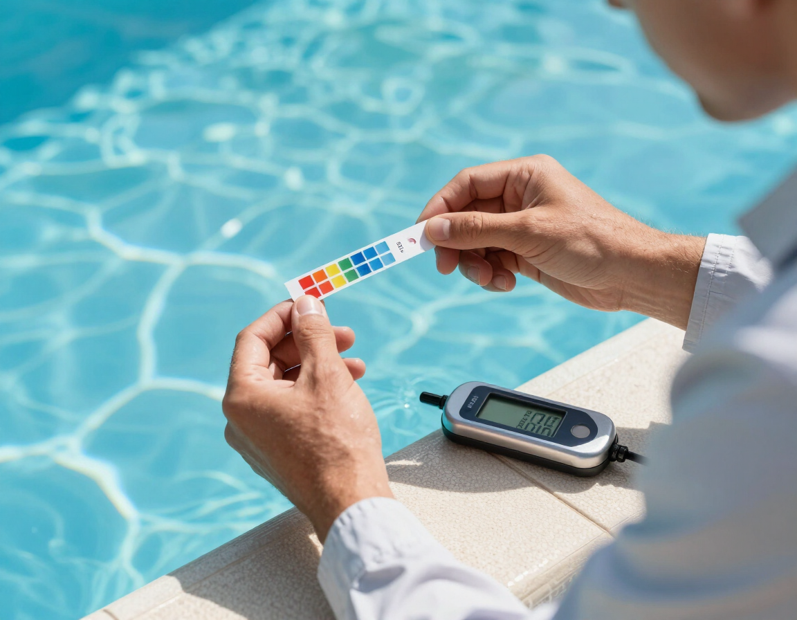 Pool technician testing water chemistry at pool edge