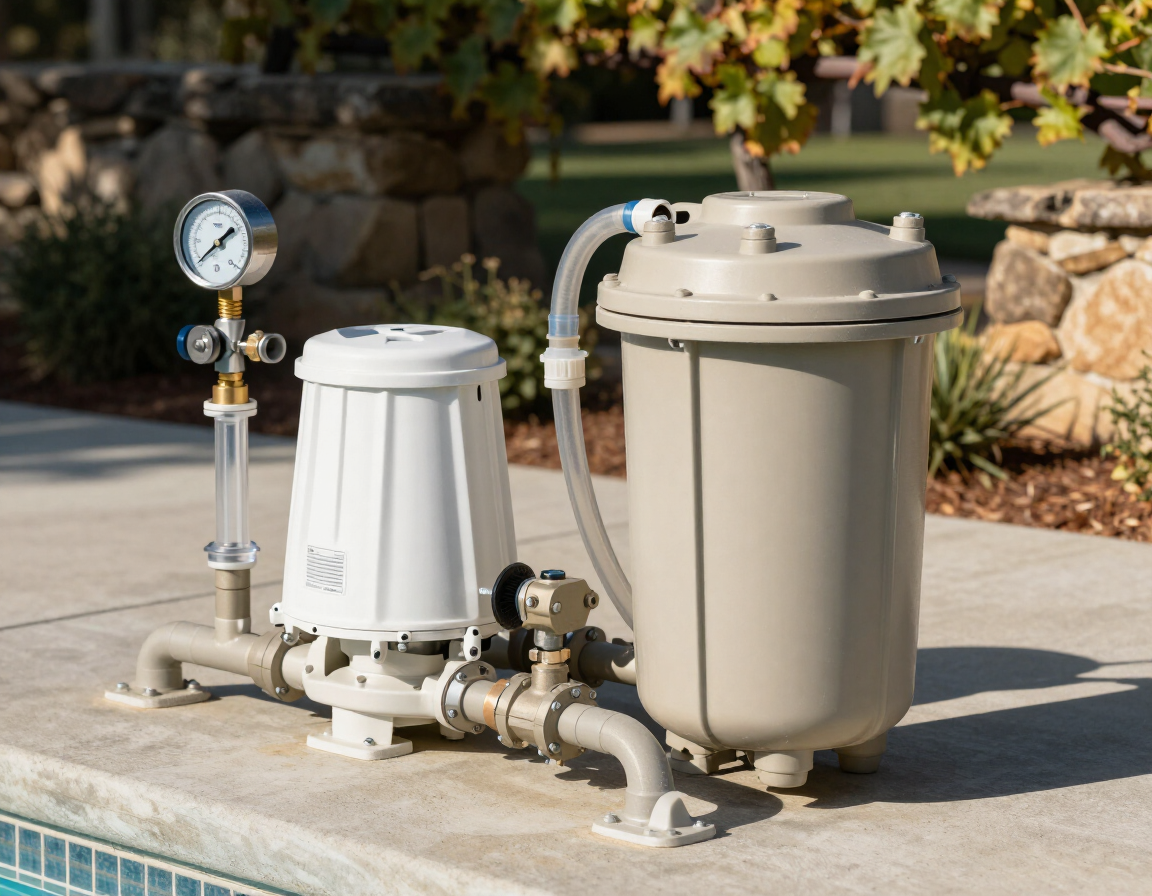 Pool equipment pad showing pump and filter installation