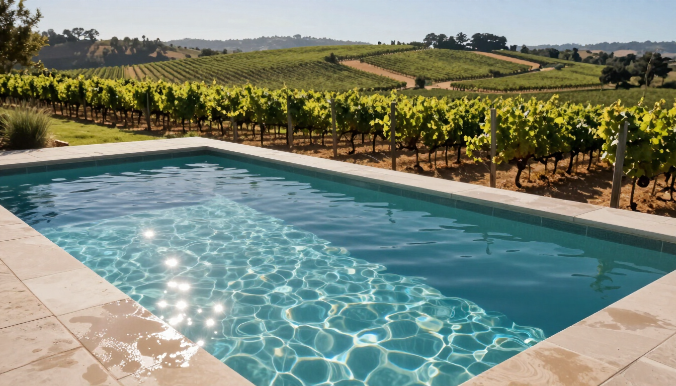Swimming pool beside a vineyard under a sunny sky