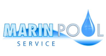 Marin Pool Service logo in blue and white with a water droplet and wave graphic