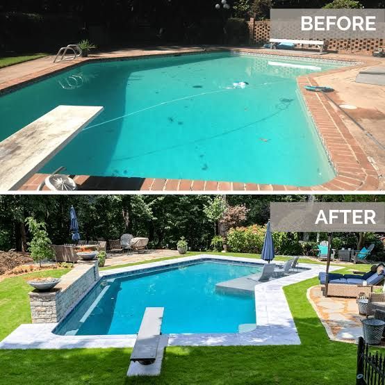 Before-and-after of a backyard pool renovation: old turquoise pool, then updated blue pool with white coping and green lawn