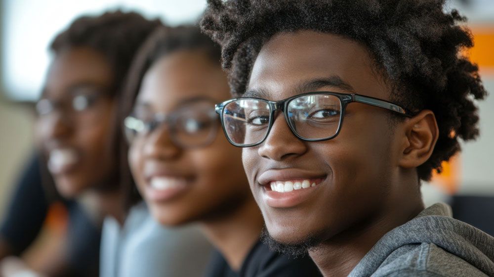 Three smiling students wearing glasses seated in a classroom