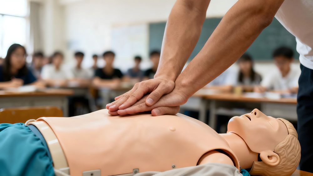 Hands performing chest compressions on CPR training mannequin in a classroom