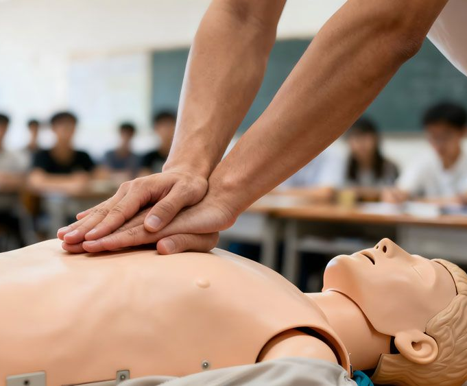Hands performing CPR on a mannequin in a classroom training session
