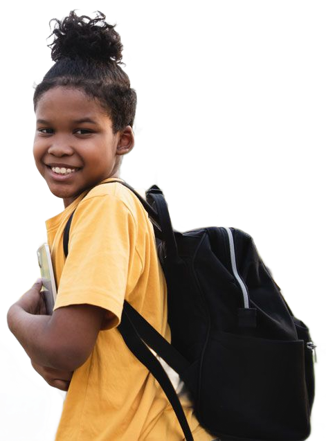 Smiling child with backpack holding books, wearing a yellow shirt against a white background