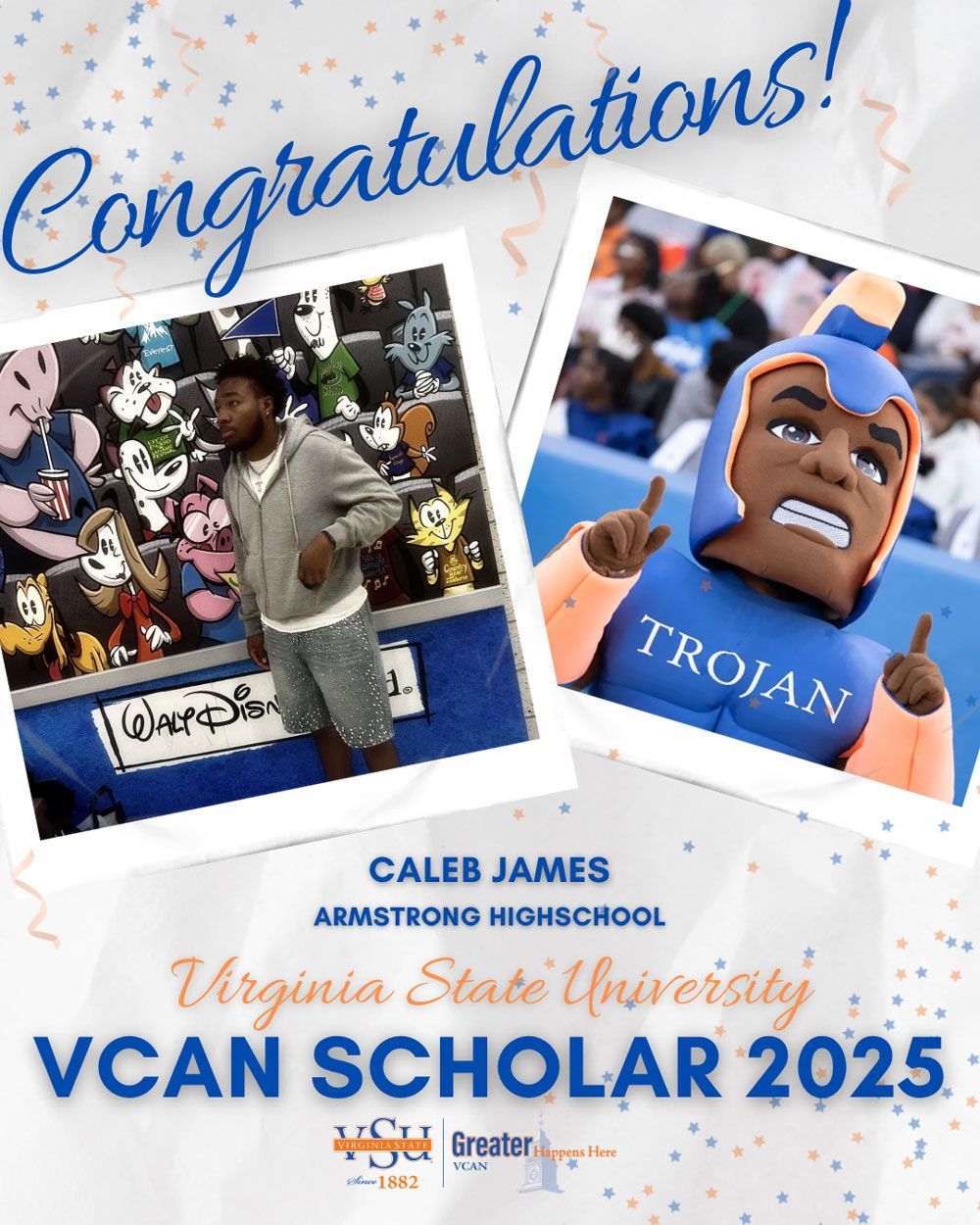 Congrats collage for Caleb James, Virginia State University VCAN Scholar 2025, with two blue-tinted photos.