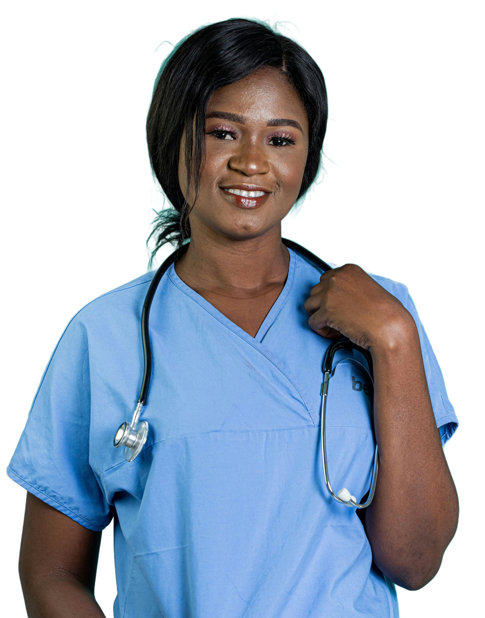 Healthcare worker in blue scrubs with stethoscope over shoulder, smiling at camera.