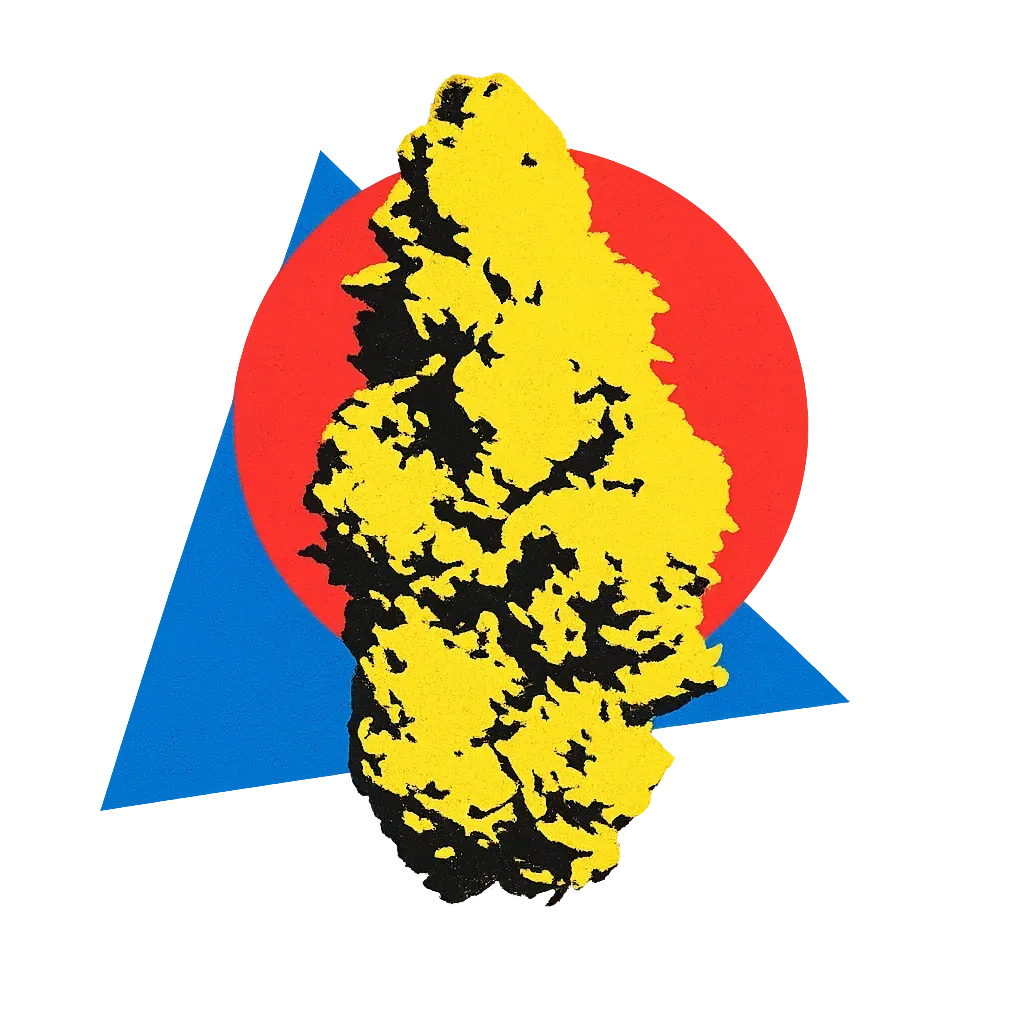 Abstract yellow-black textured shape over a red circle and blue triangle on white background