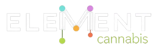 Logo reading “ELEMENT cannabis” with white outlined letters and colorful dots connected by lines above “cannabis.”