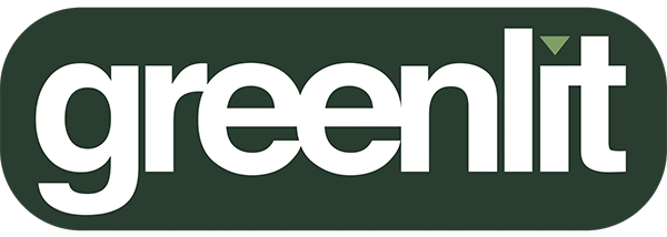 Greenlit logo in white lowercase letters on a dark green rounded rectangle with a small leaf accent.