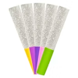 Four colorful handled party poppers with silver confetti tops on a white background