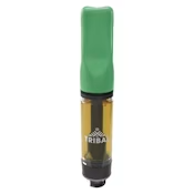 Green-capped amber vape cartridge with a black base and gold label