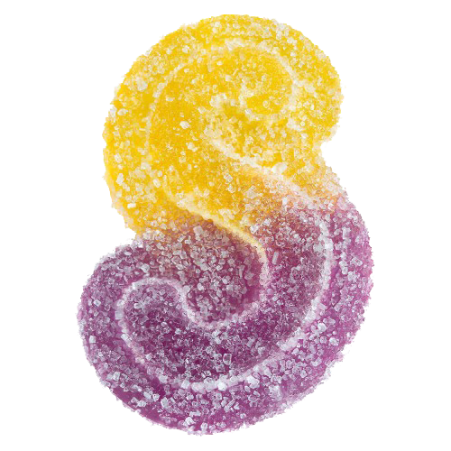 Two swirled sugar-coated candies, one yellow and one purple, intertwined on a white background