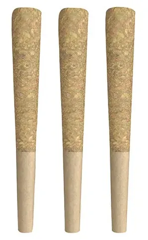 Three rolled herbal cigarettes with white tips on a white background