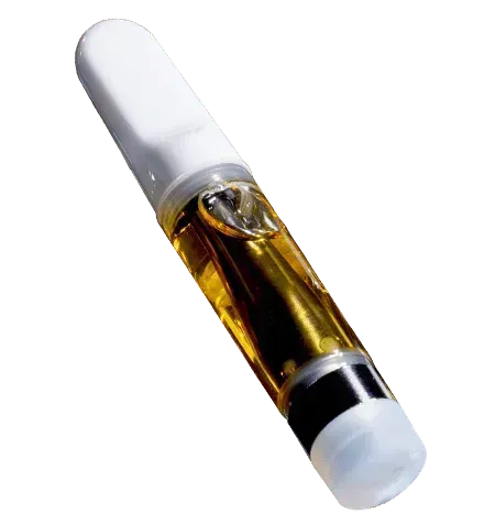 A brown liquid vape cartridge with white caps, shown diagonally on a white background