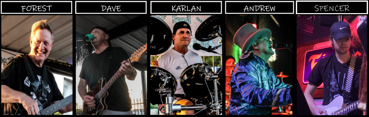 A five-member band, each person in a black box labeled with their name. They appear to be performing, each with an instrument and/or a microphone.