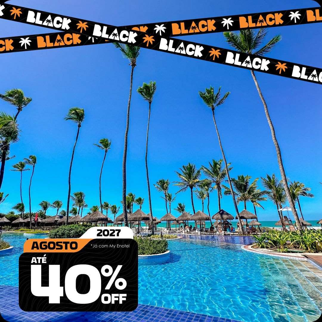 Vista a partir de uma varanda para o rio lento de águas cristalinas do resort Enotel. Pessoas relaxam em boias amarelas cercadas por jardins e coqueiros sob um céu azul. A imagem apresenta o selo da promoção My Black com até 40% de desconto para reservas em novembro de 2027.