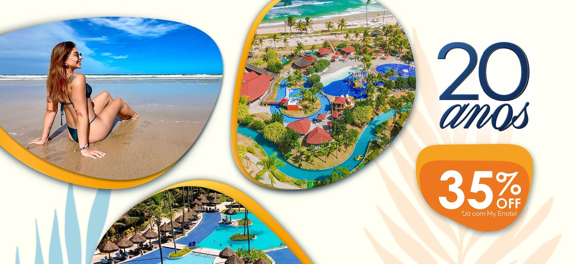 Vista aérea de um resort de luxo à beira-mar com piscinas grandes, coqueiros e praia de areia branca.