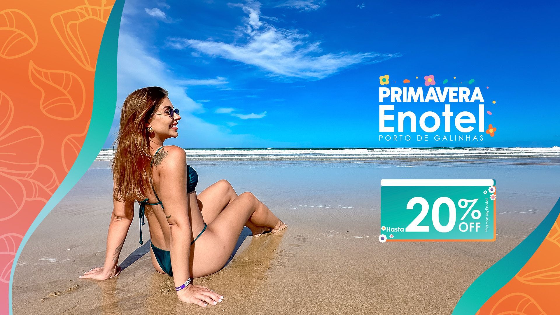 Banner da campanha Primavera Enotel Porto de Galinhas com até 20% de desconto e vista da praia.