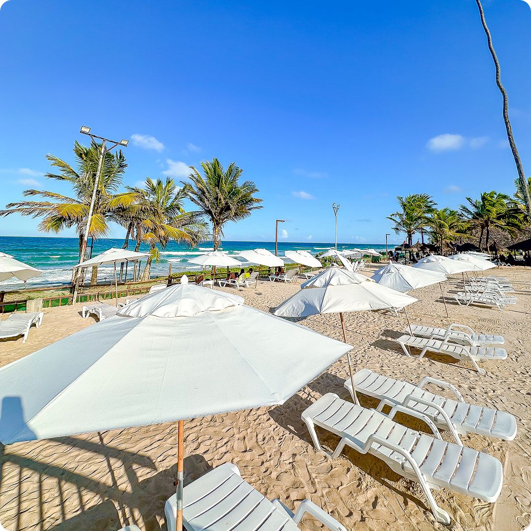 Praia ensolarada em frente ao resort Enotel Porto de Galinhas com guarda-sóis brancos, espreguiçadeiras na areia e coqueiros, ideal para viajar em setembro.