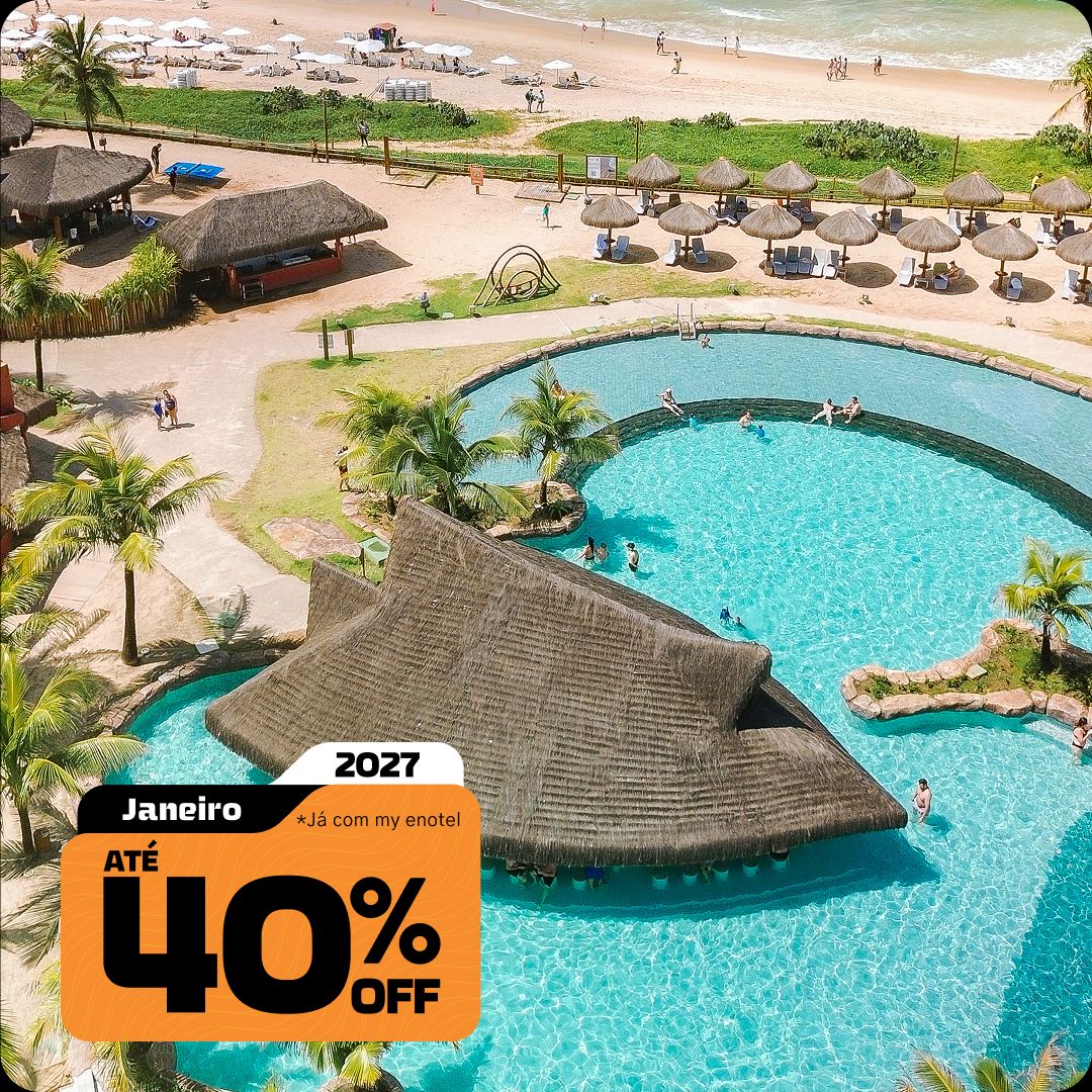 Janeiro costuma ter as tarifas mais altas do ano na hotelaria. Ao mostrar que o cliente pode garantir até 40% OFF no pico da alta temporada, você gera um senso de oportunidade gigantesco. Perto das imagens de Janeiro, você pode reforçar o microcopy de 