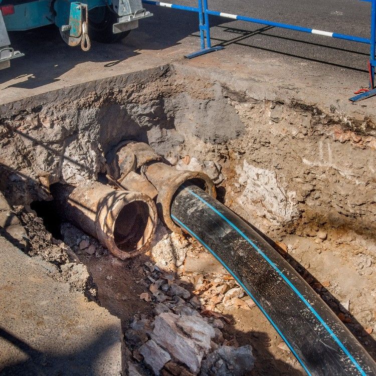 Collapsed roadside trench exposing broken utility pipes and a black cable with blue stripe