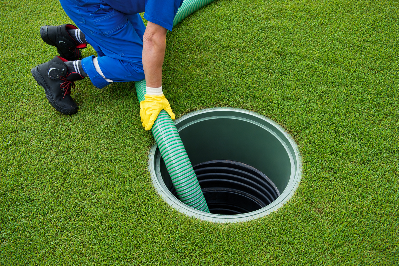 Worker in blue uniform uses a green hose to clean a lawn drain opening.