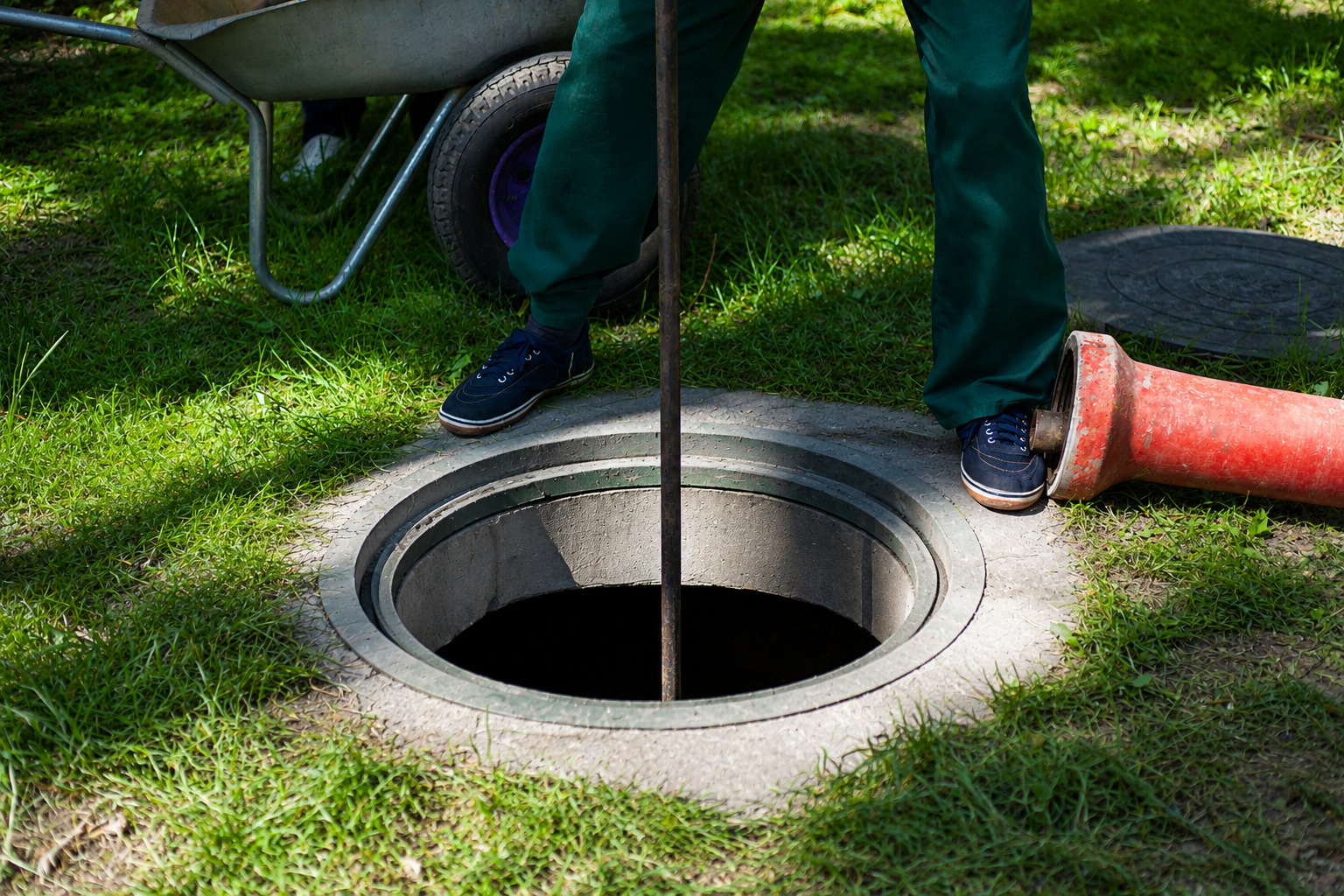 Worker standing by an open manhole with a red pipe on grass in a park-like area